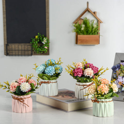 Artificial Flower Plants – Mini Fake Hydrangea Flowers in Pot for Home Decor Party Wedding Office Patio Table Desk Decoration, Set of 4, 3.3''(D) X 5.5''(H)