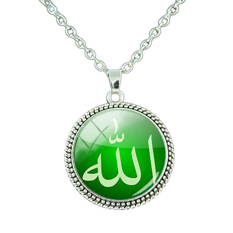 Vintage Islamic Muslim Allah Necklace Glass Cabochon Art Photo Pendant Religious Jewelry Man Women Gift NT414