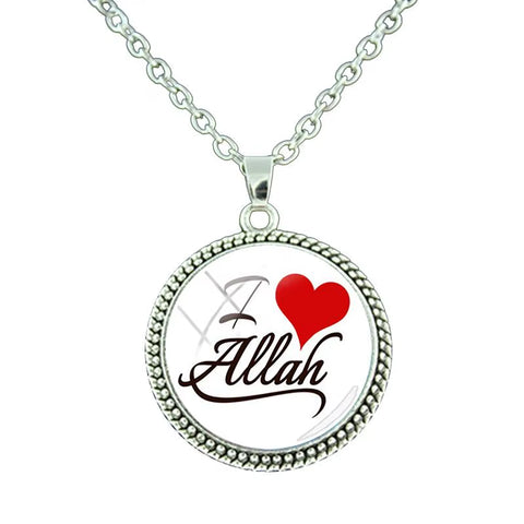 Vintage Islamic Muslim Allah Necklace Glass Cabochon Art Photo Pendant Religious Jewelry Man Women Gift NT414