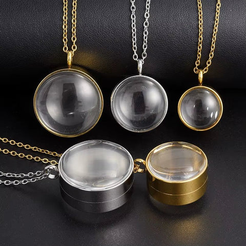 1Pc 15 - 30Mm DIY Acier Inoxydable Double Curved round Locket Pendant Necklaces Living Glass Ashes Medaillon Women Collar Jewelry - Memorialine