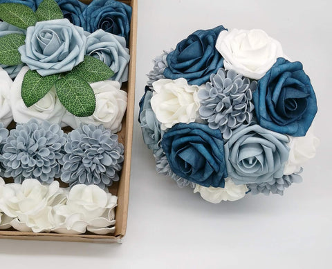 Artificial Flowers Combo Delicate Elegant Dusty Blue Mixed Flowers with Stem for DIY Wedding Bouquets Centerpieces Baby Shower Party Home Decorations