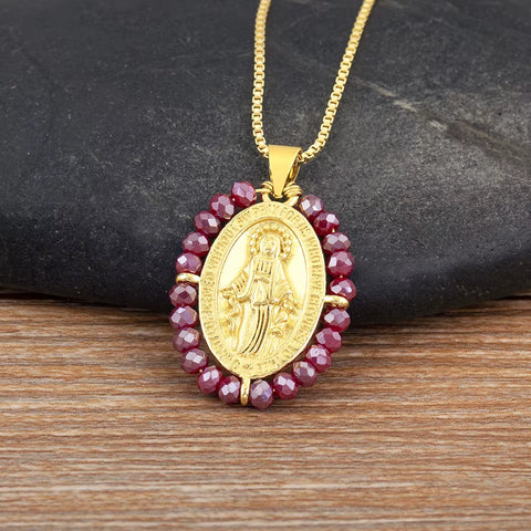 Hot Sale Virgin Mary Relief Portrait Charm Pendant Necklace for Women Men Oval Shape Pave Beads Chain Choker Jewelry Gifts