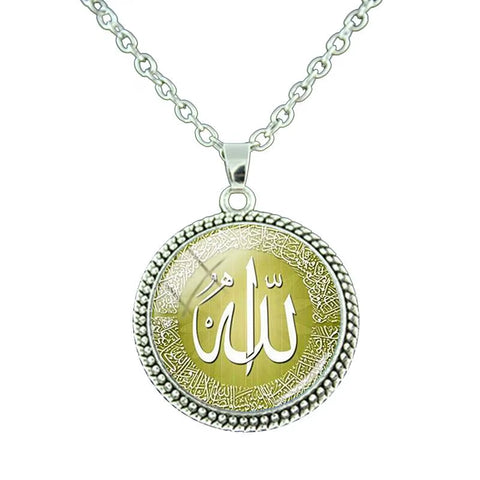 Vintage Islamic Muslim Allah Necklace Glass Cabochon Art Photo Pendant Religious Jewelry Man Women Gift NT414