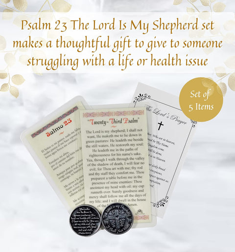 Psalm 23 Coin,With Psalm 23 Prayer Card, Spanish Salmo 23 Laminated Holy Prayer Card, the Lord'S Prayer,Lord Is My Shepherd Psalm Coin, Scripture Prayer Cards Set ,5 Items
