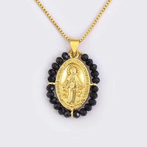 Hot Sale Virgin Mary Relief Portrait Charm Pendant Necklace for Women Men Oval Shape Pave Beads Chain Choker Jewelry Gifts