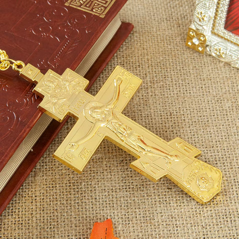 Orthodox Pectoral Cross Fashion Byzantine Cross Gold Plated Crucifix Cross Necklace Pendant for Bishop Pastor Religion Gift
