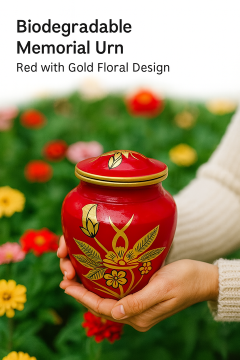 Biodegradable Memorial Urn – Red with Gold Floral Design