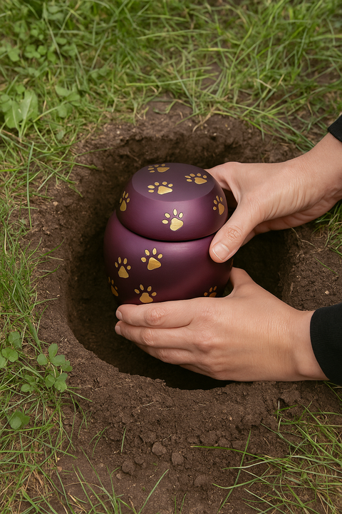 Biodegradable Pet Urn – Purple with Gold Paw Prints