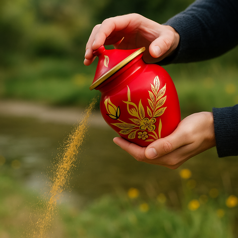 Biodegradable Memorial Urn – Red with Gold Floral Design
