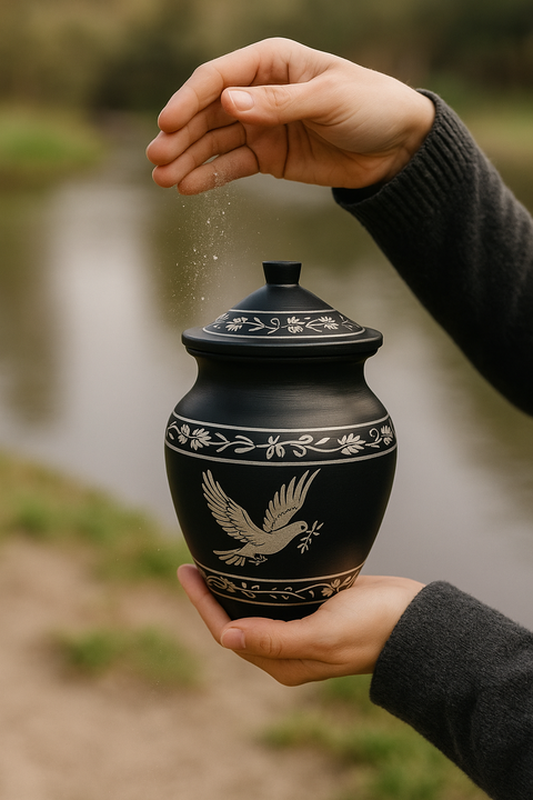 Biodegradable Memorial Urn – Black with Silver Dove & Floral Motif