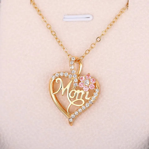 Huitan Mother'S Day Necklace for Mom Luxury Trendy Craved Pendant Necklace Pink Flower Aesthetic Neck Accessories Love Jewelry