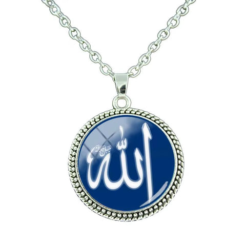 Vintage Islamic Muslim Allah Necklace Glass Cabochon Art Photo Pendant Religious Jewelry Man Women Gift NT414