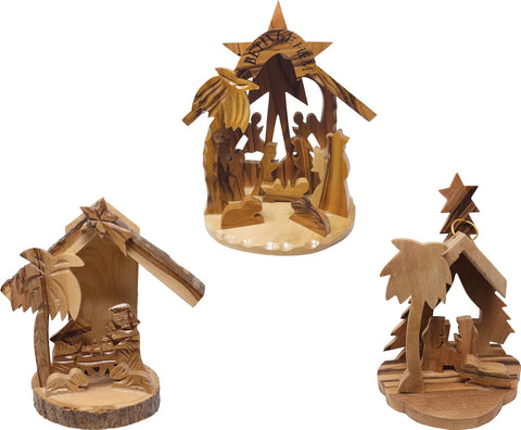 Holy Land Olive Wood Nativity Scene, 3D Christmas Grotto Ornament - Value Pack of All 3 Ornaments - Small, Medium, and Large