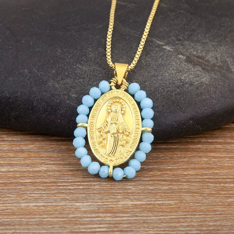Hot Sale Virgin Mary Relief Portrait Charm Pendant Necklace for Women Men Oval Shape Pave Beads Chain Choker Jewelry Gifts
