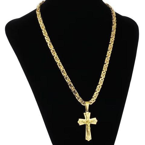 Religious Jesus Cross Necklace Men Stainless Steel Crucifix Pendant with Byzantine Chain Necklaces Male Necklace Jewelry