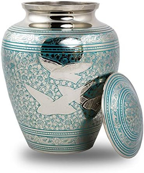 Elite Going Home Doves Brass Memorial Urn for Adult Humans - Large - Holds up to 200 Cubic Inches of Ashes - Blue Cremation Urn for Ashes