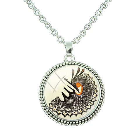 Vintage Islamic Muslim Allah Necklace Glass Cabochon Art Photo Pendant Religious Jewelry Man Women Gift NT414