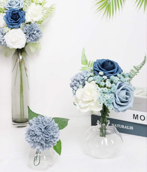 Artificial Flowers Combo Delicate Elegant Dusty Blue Mixed Flowers with Stem for DIY Wedding Bouquets Centerpieces Baby Shower Party Home Decorations