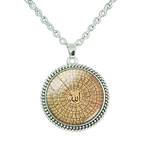 Vintage Islamic Muslim Allah Necklace Glass Cabochon Art Photo Pendant Religious Jewelry Man Women Gift NT414