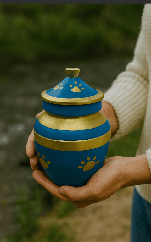 Elegant Blue Pet Memorial Urn with Gold Accents - Memorialine