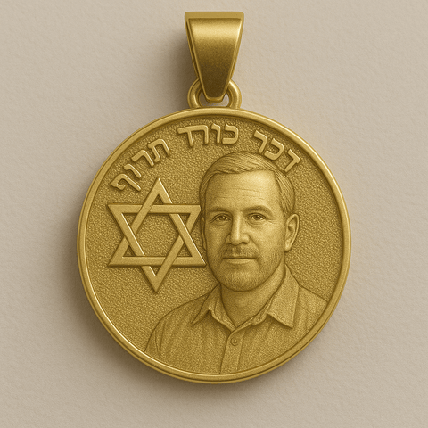 Gold Memorial Pendant with Star of David – Personalized Engraving QR Tribute featuring engraved portrait and Hebrew text.
