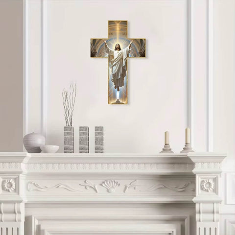 Inspiring Christ Jesus Aden Wall Art - Elegant Religious Decoration for Your Home displayed on a white mantel.