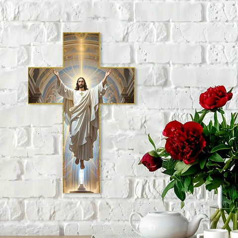 Inspiring Christ Jesus Aden Wall Art - Elegant Religious Decoration for Your Home featuring a luminous cross and Christ.