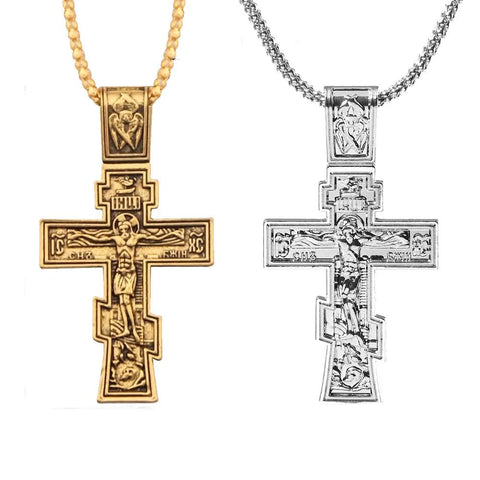 Movie John Wick Jesus Cross Necklace Crucifix Eastern Orthodox Prayer Big Pendant for Men Women Jewelry Accessories Gifts - Memorialine