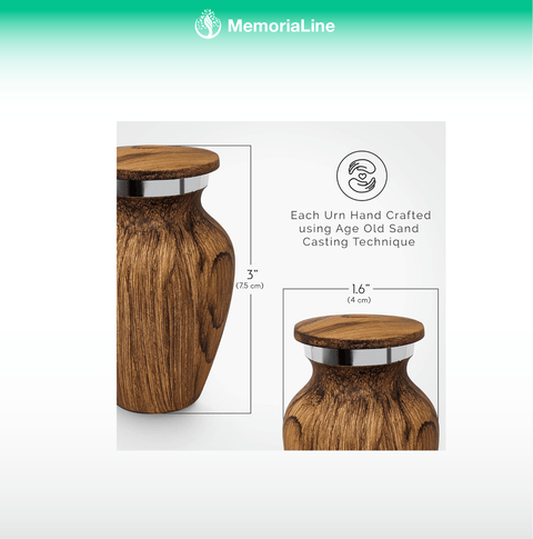 Small Keepsake Cremation Urn for Ashes, Aluminum with Wood Grain Finish - Memorialine