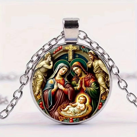 The Holy Family Necklace - Inspiring Round Jesus Glass Dome Cabochon Pendant - Memorialine