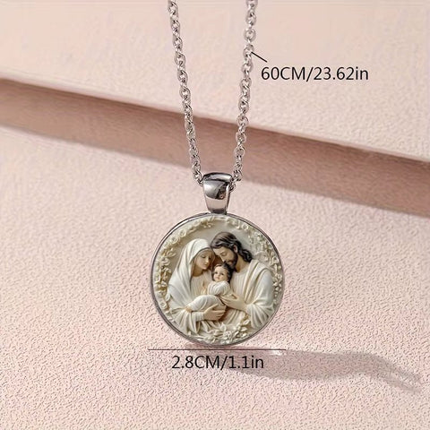 The Holy Family Necklace - Inspiring Round Jesus Glass Dome Cabochon Pendant - Memorialine