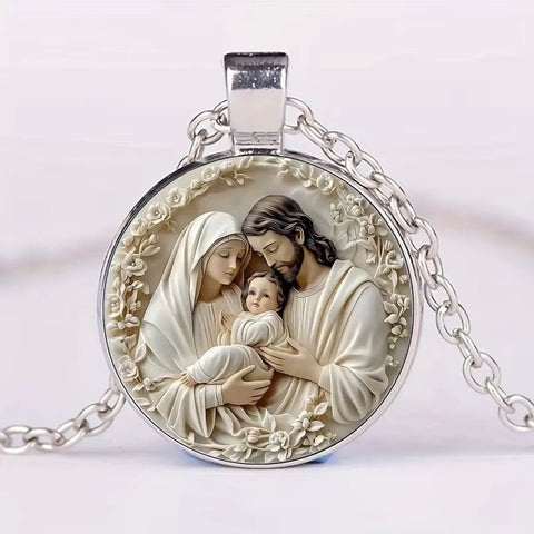 The Holy Family Necklace - Inspiring Round Jesus Glass Dome Cabochon Pendant - Memorialine