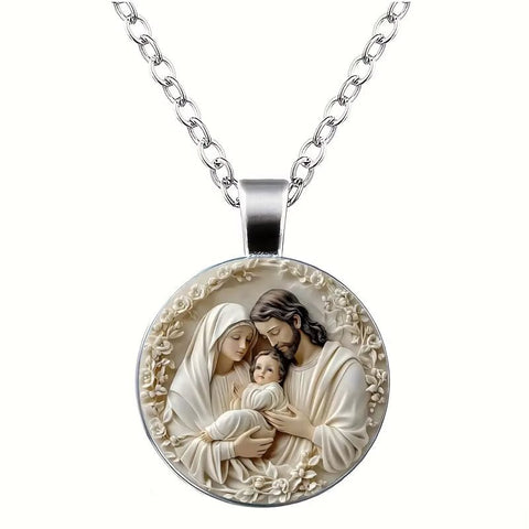 The Holy Family Necklace - Inspiring Round Jesus Glass Dome Cabochon Pendant - Memorialine