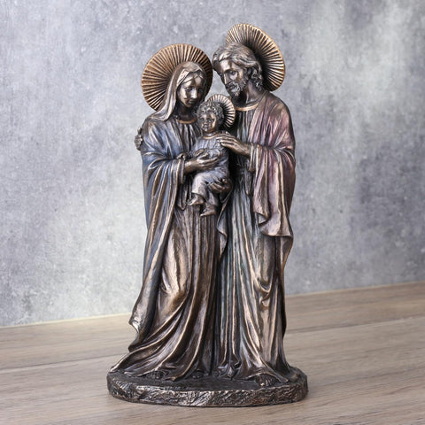 8 5/8 Inch Holy Family Joseph Mary Holding Young Jesus Cold Cast Resin Antique Bronze Finish Sculpture