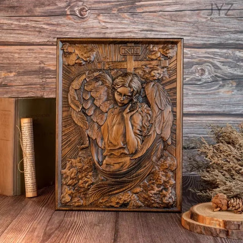 Vintage Religious Wooden Carving Icon Archangel Chamuel, Holy Statues Mural Art Figure Living Room Decor