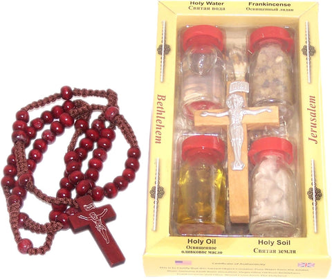Set 6 in 1 Olive Wood Cross Set with 4 Bottles - Anointing Blessed Oil, Jordan River Water, Holy Bethlehem Earth, Blessed Frankincense from Jerusalem and Wooden Rosary