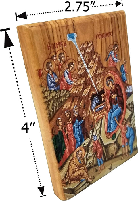 Holy Land Olive Wood Full Color Icon from Israel, Nativity of Jesus, Handmade Wooden Standing Icon Plaque
