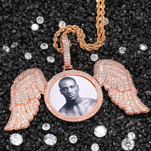 Custom Photo Necklace with Angel Wings Men Charm Micro Pave Cubic Zirconia Iced Out Jewelry for Gift Tennis Chain