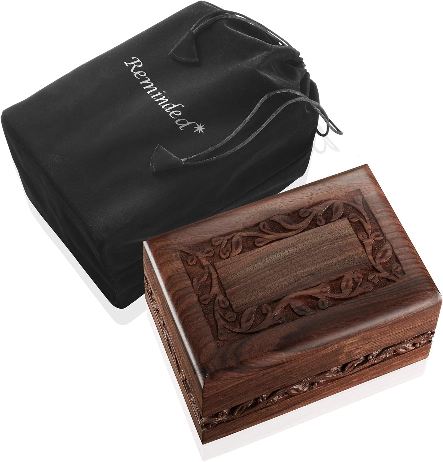 Rosewood Hand-Carved Urn Box Cremation Memorial with Velvet Bag - Small