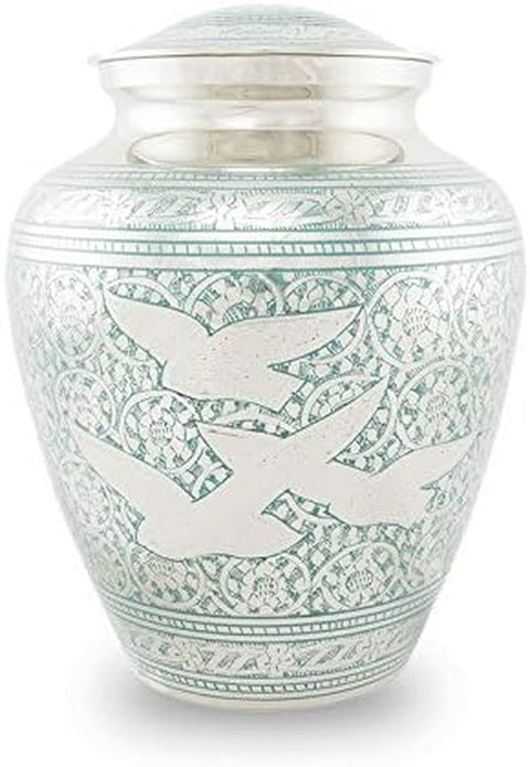 Elite Going Home Doves Brass Memorial Urn for Adult Humans - Large - Holds up to 200 Cubic Inches of Ashes - Blue Cremation Urn for Ashes