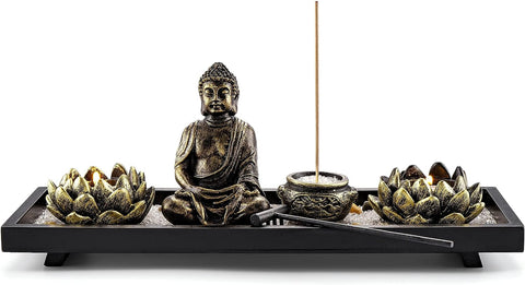 Zen Garden Set Buddha Statue 2 Lotus Tealight Candle Holders, Mallet & Rocks and Crystals & Incense Burner Stick Holder Bowl & Wood Tray for Yoga Meditaion Home Table Decor Gift