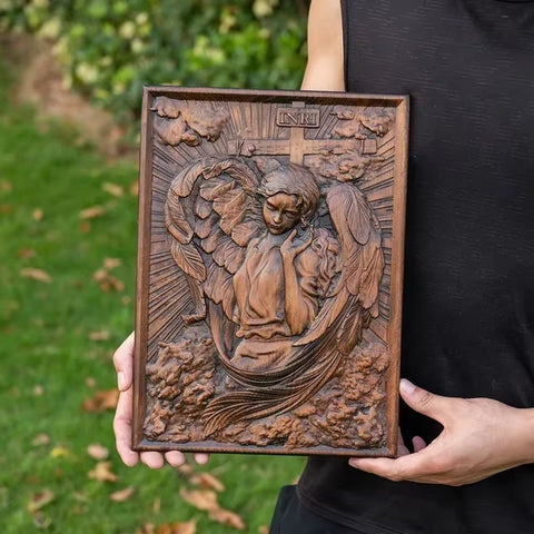 Vintage Religious Wooden Carving Icon Archangel Chamuel, Holy Statues Mural Art Figure Living Room Decor