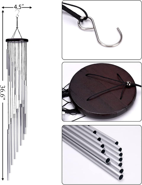 Wind Chimes, Large 36" Garden Chimes 18 Silver Aluminum Alloy Tubes and Hooks for Patio Outdoors Decor Home Decorations