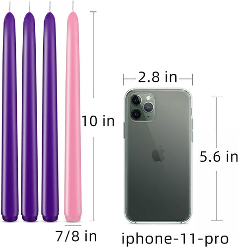4 Pack of Advent Candles, 3 Purple and 1 Pink Taper Candlestick, 10 Inch Seasonal Celebration Candles, Christmas Products