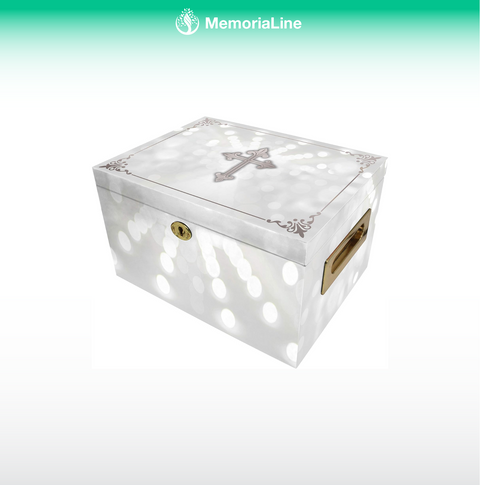 White Cross Memorial Chest for Ashes with Lock – Cremation Urn for Adults or Children