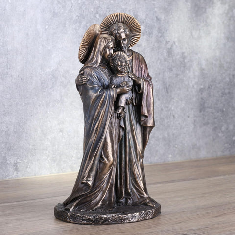 8 5/8 Inch Holy Family Joseph Mary Holding Young Jesus Cold Cast Resin Antique Bronze Finish Sculpture