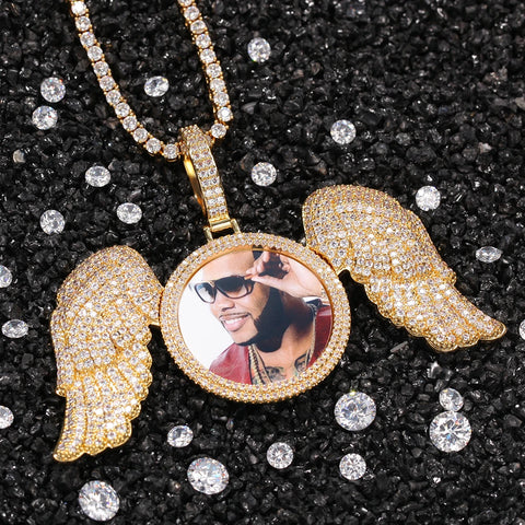 Custom Photo Necklace with Angel Wings Men Charm Micro Pave Cubic Zirconia Iced Out Jewelry for Gift Tennis Chain