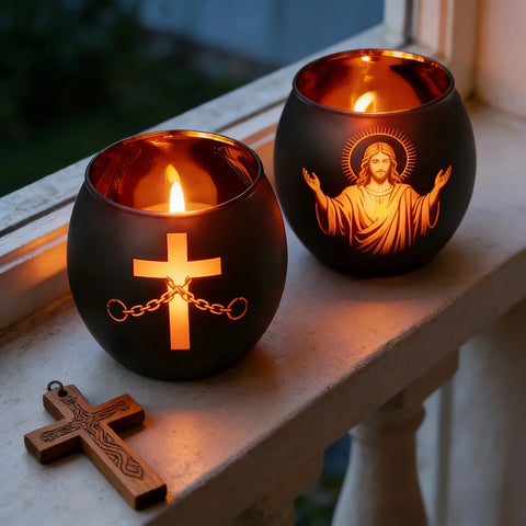 2Pcs Black Glass Cross Candle Holders Christian Religious Figurine Home Table Centerpiece Sacred Prayer Spiritual Decor Easter