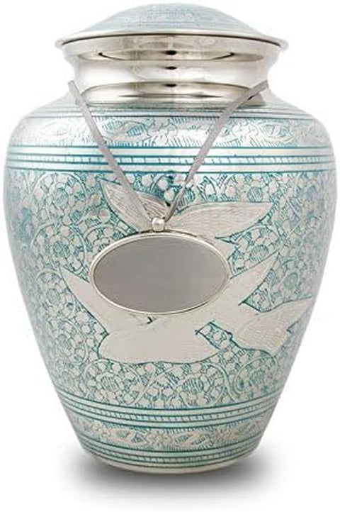 Elite Going Home Doves Brass Memorial Urn for Adult Humans - Large - Holds up to 200 Cubic Inches of Ashes - Blue Cremation Urn for Ashes