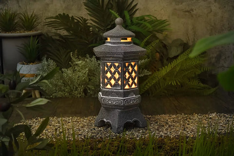 12.6 Inches Pagoda Garden Statues with Solar Lights, Resin Zen Garden Lantern Decor Outdoor Statues Yard Ornaments for Landscape Patio Porch Lawn Decoration